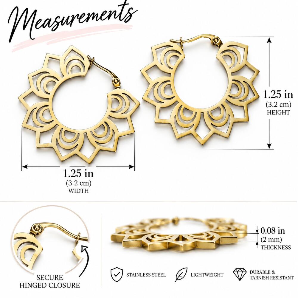 Stainless Steel Lotus Flower Hoop Earrings Boho